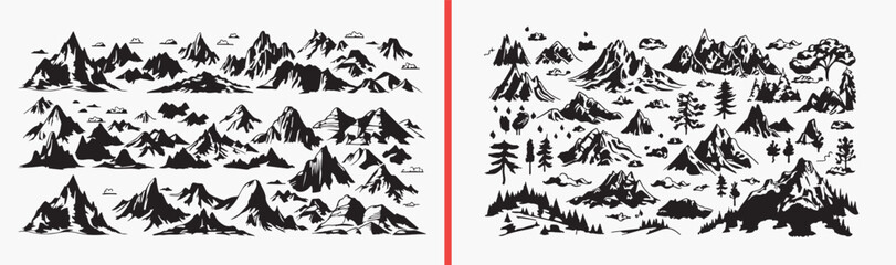 Fototapeta premium mountain illustration sketches, hand drawn mountain art, black and white landscape drawing, alpine mountain peaks, nature mountain icons, outdoor adventure illustration, mountain collection set