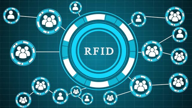 RFID technology network diagram with interconnected people icons and laptops, digital data flow, futuristic concept,A futuristic digital network   showcasing RFID technology connecting