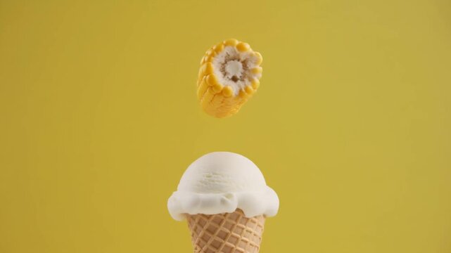 Surreal Food Combination: Ice Cream Cone and Floating Corn on a Yellow Background