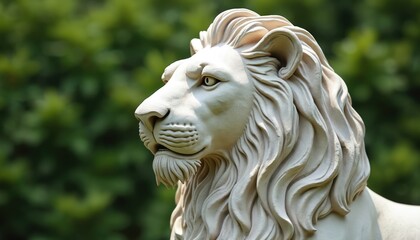 Obraz premium White stone lion sculpture sits in garden. Majestic animal head with detailed mane and face. Off white statue against blurred green foliage background. Regal ornament in nature.
