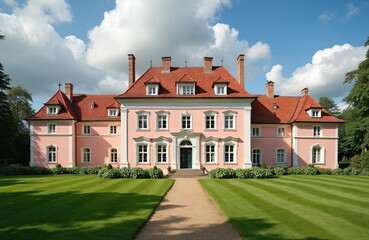 Naklejka premium Pink stone manor with red tile roof sits on green lawn with manicured hedges under blue sky. Wide gravel path leads to grand entrance of historic European estate, surrounded by mature trees. Building