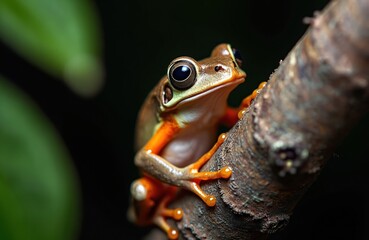 Closeup macro shot of a small tree frog clinging to a tree branch. Its large dark eyes and bright orange legs are visible against the dark background.