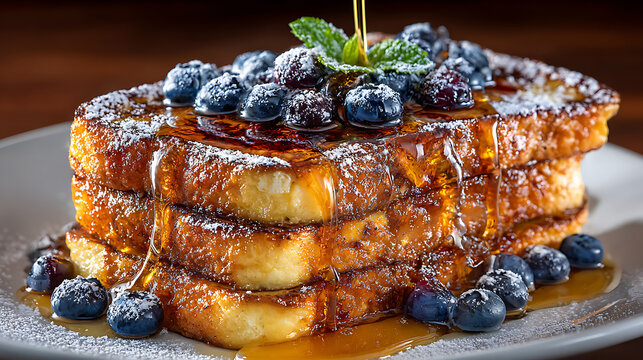 Decadent stack of thick French toast generously drizzled with golden syrup, topped with fresh blueberries and powdered sugar, close-up.