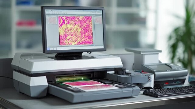 Medium shot of a highresolution digital slide scanner feeding pathological samples with a single monitor displaying the magnified tissue image in sharp focus.
