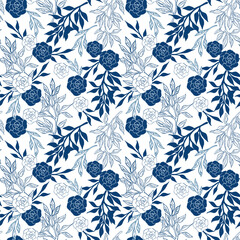 Seamless Navy Floral Pattern &mdash; Blue Roses and Botanical Branches