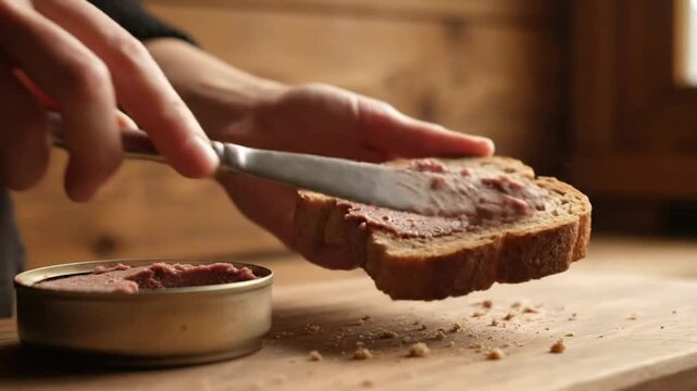 Spreading pate on a slice of bread for a delicious snack on a rustic wooden surface