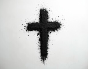 Ash cross symbol made from dark powder on white background. Religious sign for Lent and Ash Wednesday. Dust particles spread around the Christian emblem.