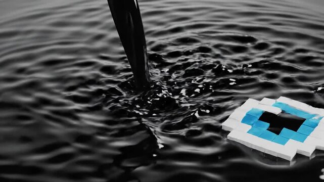 Black liquid pouring into water creating ripples, next to pixelated eye icon