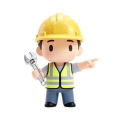 Cute cartoon construction worker holding a wrench and pointing.