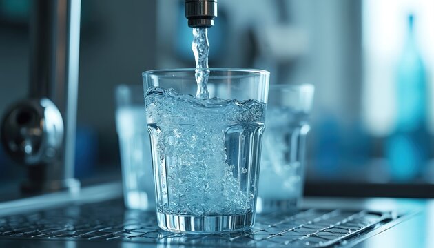Clear water pours from faucet into glass. Liquid fills container creating bubbles. Another glass sits blurred in background. Refreshing drink preparation.