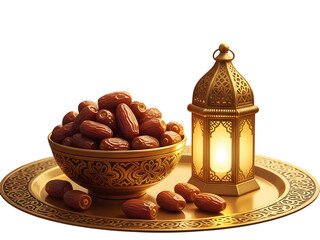 A beautifully arranged gold plate with dates and a lantern on transparent background