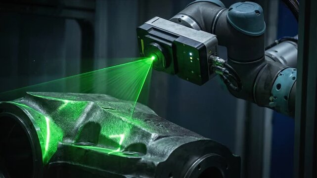 Green laser scanner robotic arm inspecting metal casting surface mapping for precision measurement and inspection industrial automation quality