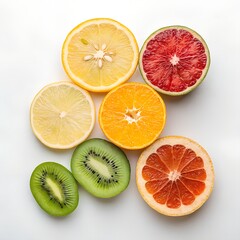 Fototapeta premium Overhead View of Fresh Sliced Citrus Fruits and Kiwi on White Background