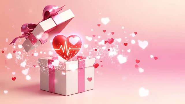 A romantic animated illustration of a glowing heart emerging from a pink gift box on a soft background.
