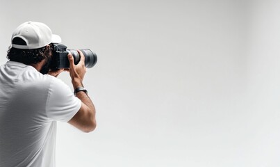 A bearded photographer, wearing a cap, lines up his camera for a perfect studio shot.