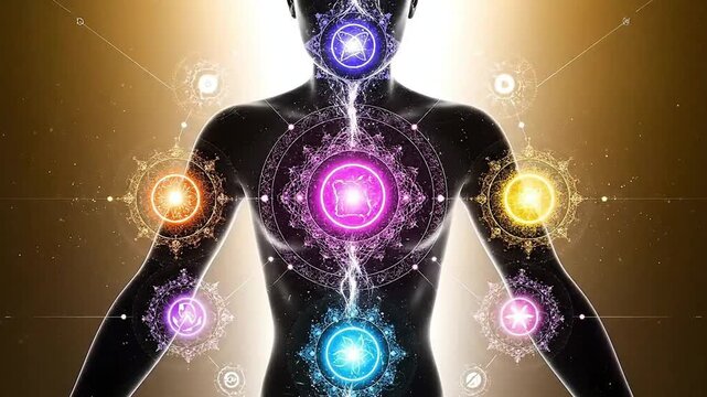 Glowing Visualization of the Seven Human Chakras and Energy System Flowing in the Body