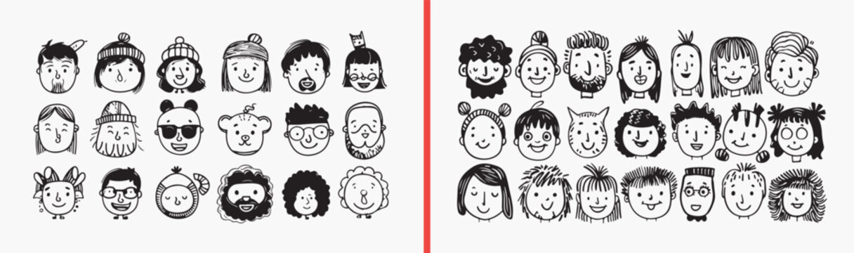 cartoon face expressions, emotional character faces, doodle emotion illustrations, hand drawn facial expressions, black and white cartoon emotions, cute face expression set, character mood collection
