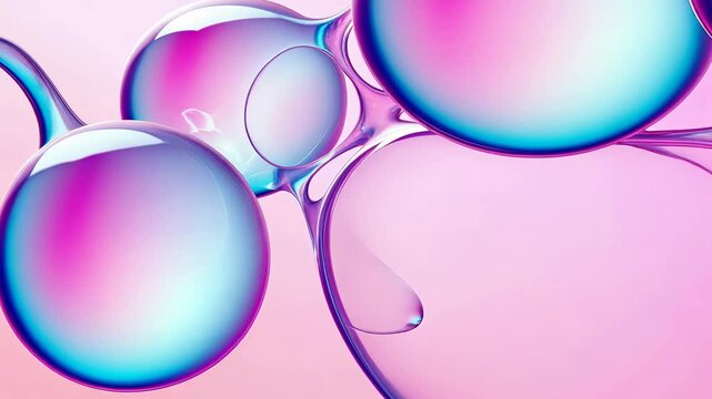 Colorful spheres and shapes morphing on a neon pink background
