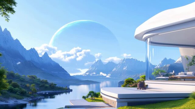 Futuristic white minimal villa with glass walls overlooking a lake and mountains with an exoplanet in the sky