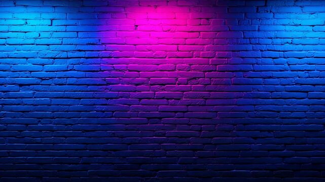 Colorful pink and blue neon spotlights moving and illuminating a dark brick wall in an endless loop