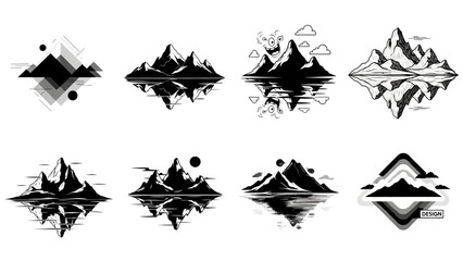 Fototapeta premium Assortment of artistic mountain range silhouettes reflected in water featuring abstract and stylized landscape designs