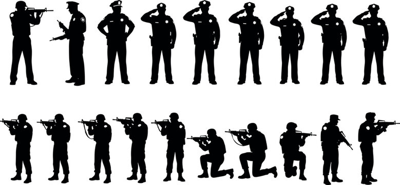 Collection of police officer and tactical soldier silhouettes saluting and holding rifles for law enforcement and military security