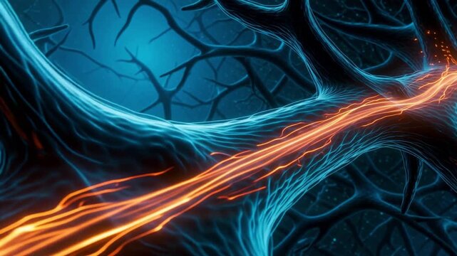 A powerful orange electrical signal visibly travels along a branching blue neural dendrite within a complex biological network.