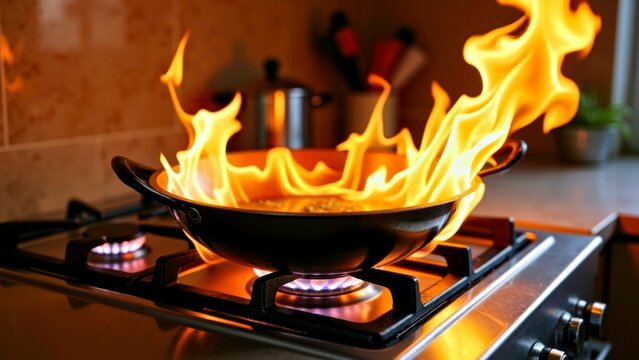 Dangerous scene of multiple stoves burning in the kitchen
