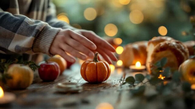 Woman gently placing a small pumpkin on a sukkot table decorated with apples, challah bread, candles, and greenery
