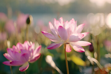 Two pink lotus flowers in soft morning light