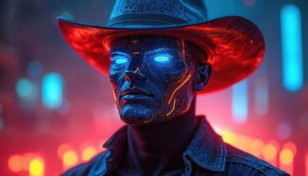 Digital cowboy with glowing blue eyes wears futuristic hat. Cyberpunk character has circuit patterns on its face. Neon lights glow in background. This illustration blends western and sci-fi themes.