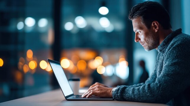 A man is diligently working on his laptop in a modern office environment at night.