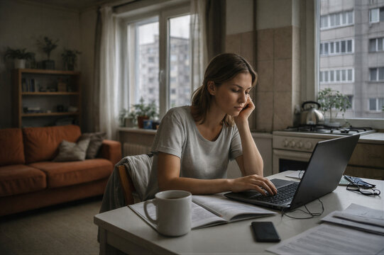 Zmęczona kobieta pracująca przy laptopie w domu w ciągu dnia