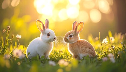Two rabbits in a sunny meadow.