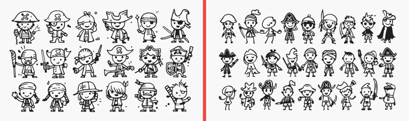 Naklejka premium Cute Character Outline Icon Set, Cartoon People Illustration, Kids Avatar Symbols, Black And White Character Icons, Child Friendly Clipart, Fun Design Elements, Character Icon Collection