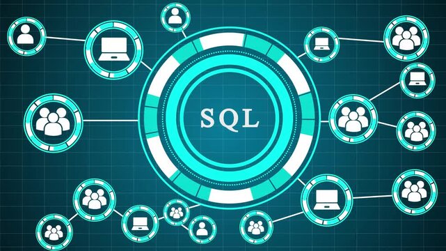 SQL Database Network Diagram: Connecting People and Laptops in a Futuristic Digital System,Abstract digital network visualizing SQL database connections with icons for people and laptops, glowing.