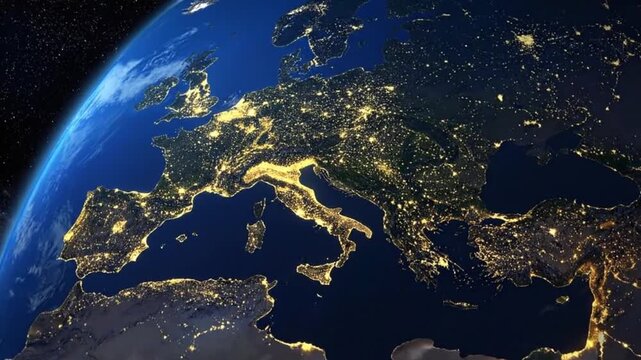 Europe at night from space, showing city lights and the curvature of Earth.