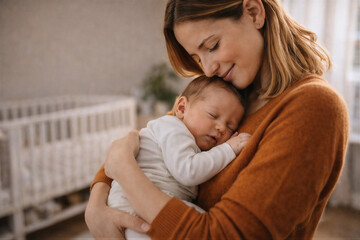 Naklejka premium Matka tuląca śpiące niemowlę w domowym wnętrzu