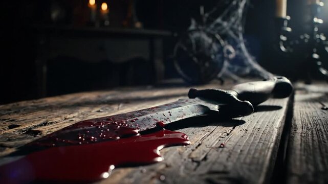 Gory Scene of a Bloody Dagger Lying on a Wooden Table in a Dark and Spooky Room