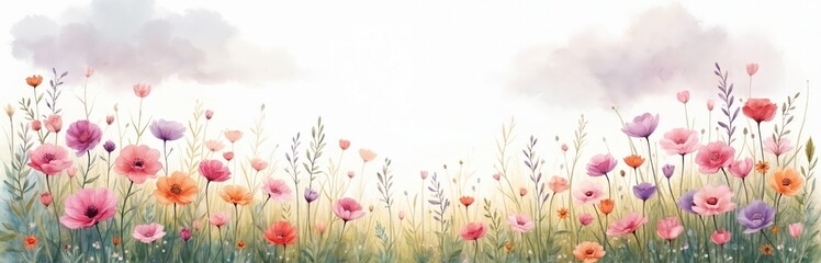 Obraz premium Field of blooming wildflowers with pastel clouds overhead. Soft focus art shows vibrant pink purple orange red poppies and green stems. Gentle natural backdrop for spring summer nature themes.
