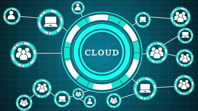 Digital Cloud Computing Network System with Connected People and Laptops, Futuristic Technology Concept, Global Data Connectivity,Abstract digital illustration of a futuristic cloud computing network 