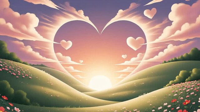 Illustrated valentine's day background featuring a glowing heart framing a pastel sunrise.