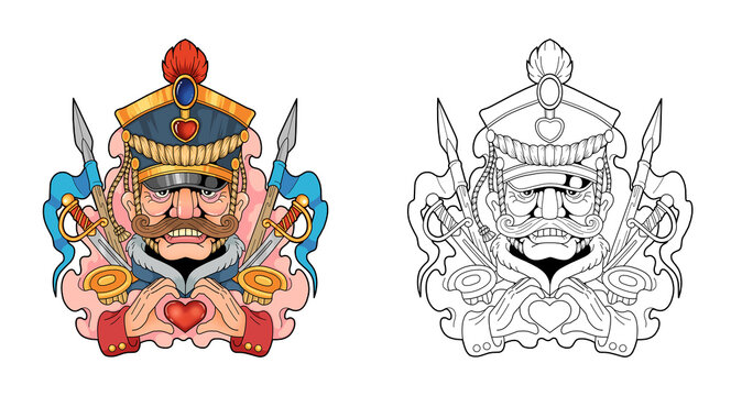 Funny hussar soldier, coloring illustration