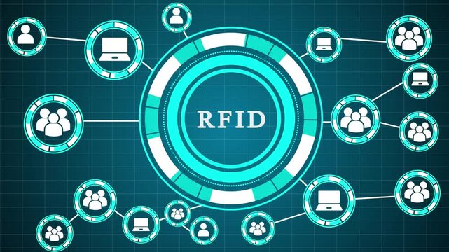 RFID technology network diagram with interconnected people icons and laptops, digital data flow, futuristic concept,A futuristic digital network illustration showcasing RFID technology connecting