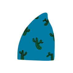 Fototapeta premium A warm, seasonal blue wool hat with cacti. Hats for fall and winter. A fashionable youth hat. A bright doodle-style hat on a white background. Headwear
