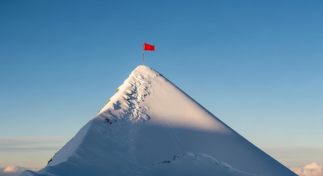 A snow-capped mountain peak with a red flag flying high in a clear blue sky