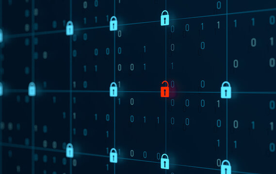Data protection, digital grid with locked information, one data block is unlocked, data breach, computer crime. Technology, connections, deep learning, data exchange, privacy, neural networks.
