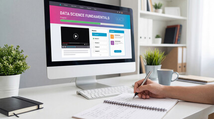Horizontal banner with online learning video course of data science on computer monitor screen. Student write in notebook at home study workspace. Distance education, e-learning platform background.