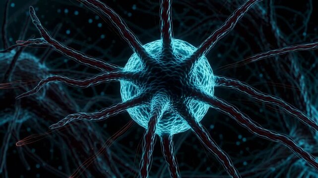 A central neuron core pulses with intense orange and blue light, surrounded by radiating dark dendrites.