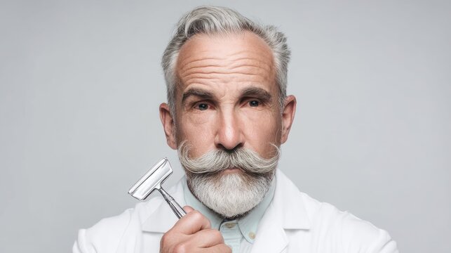A distinguished senior man with a white beard and mustache holding a razor.